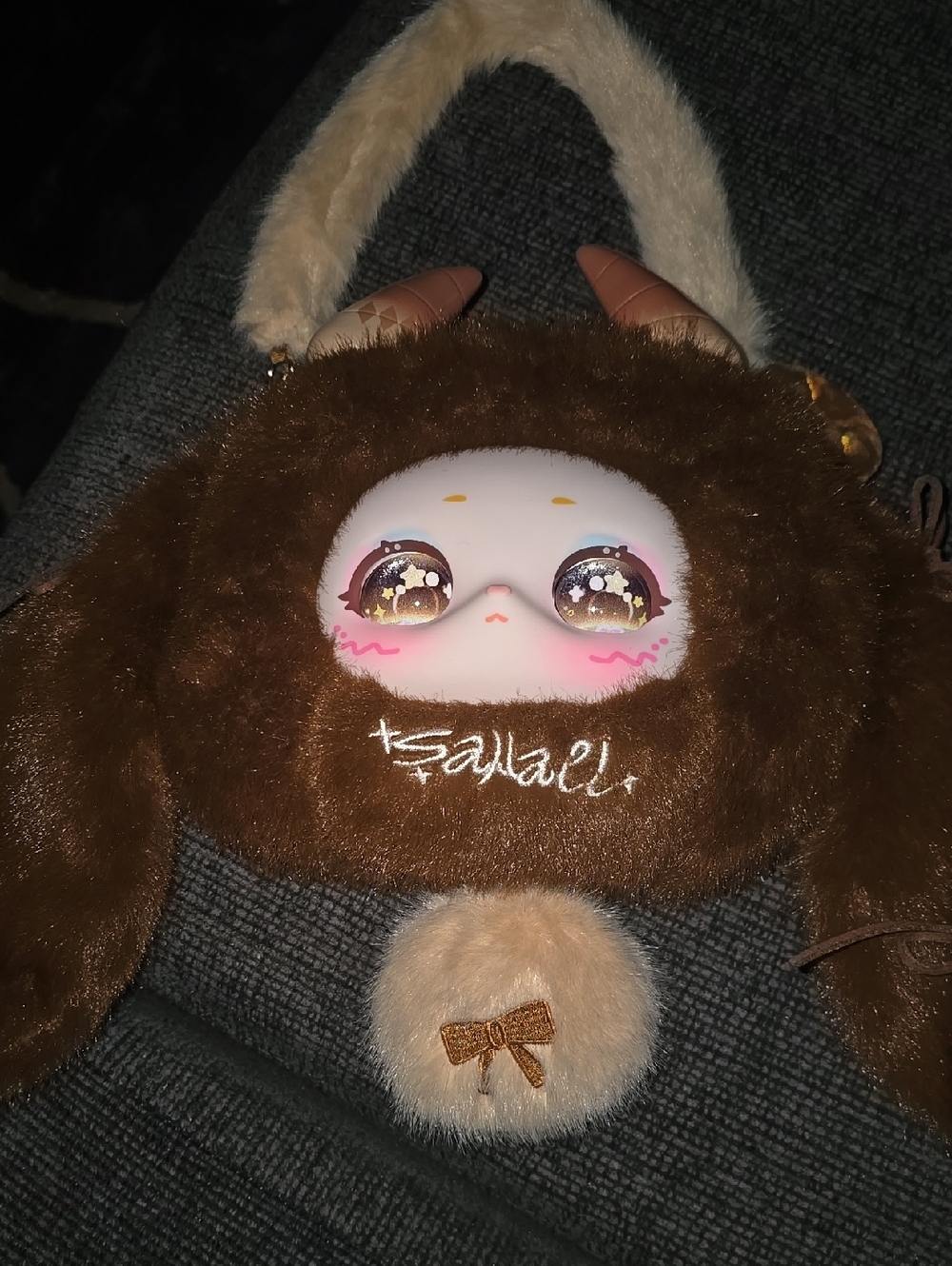 Kawaii Brown Furry Character Handbag with Pom-Pom Accent and Cute Pointy Horns